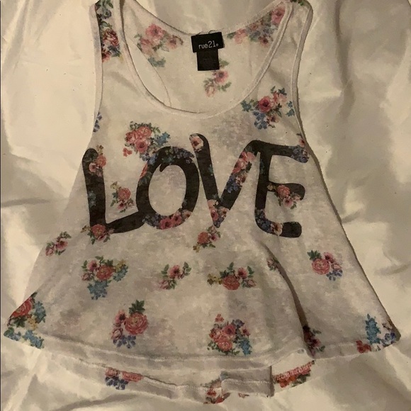 Rue 21 “LOVE” sheer white floral tank top - Picture 1 of 2